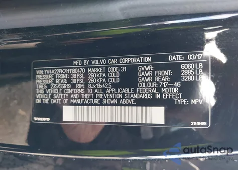 2017 Volvo Xc90 T6 Momentum z USA, uszkodzony, nr VIN YV4A22PK7H1180470